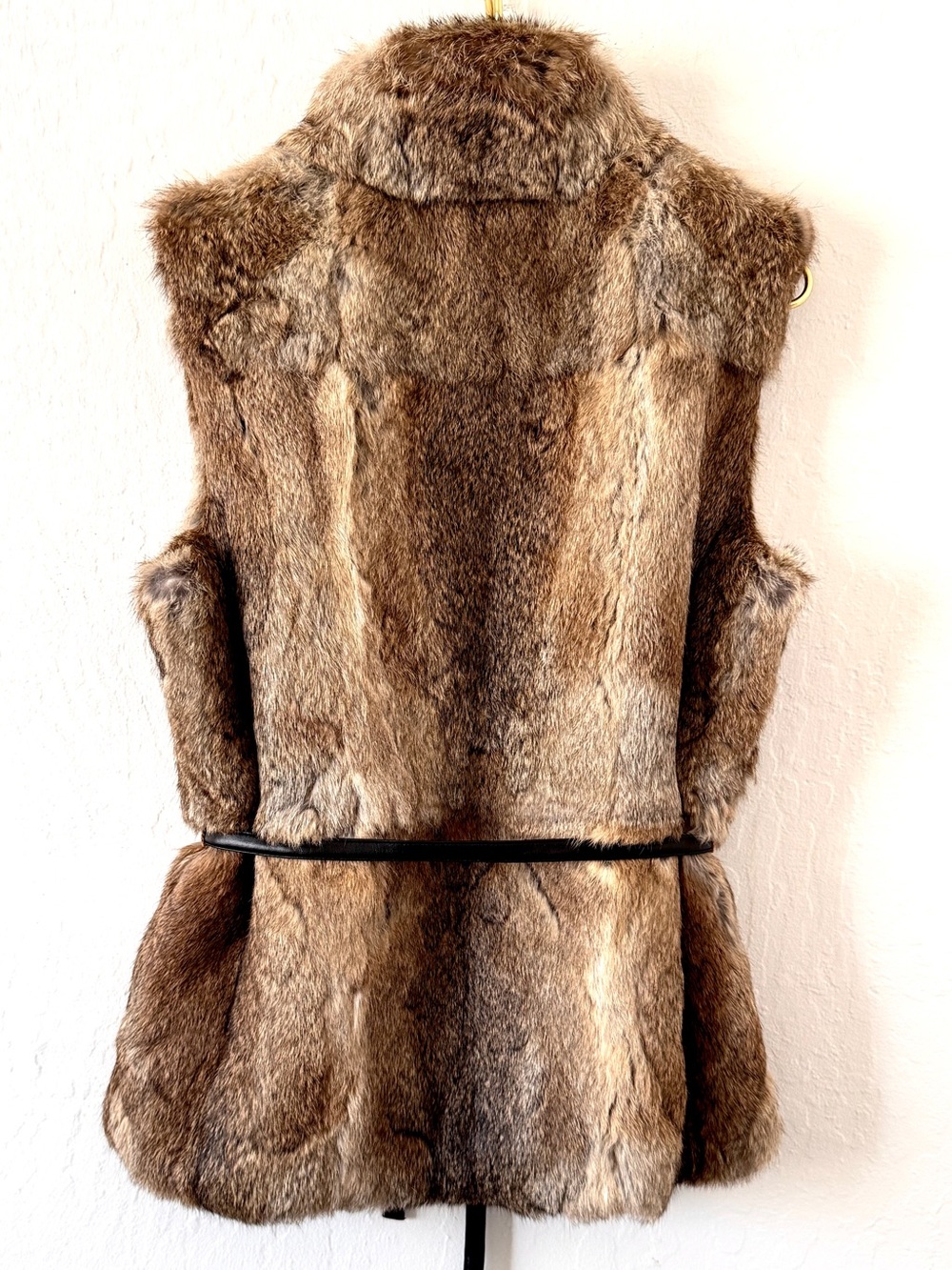 Express World Brown 100% Rabbit Fur Front Zip High Collar Vest with Belt Large - Picture 6 of 11